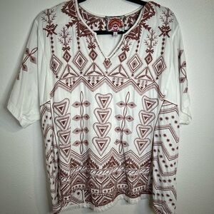 Johnny Was Cream and Brown Embroidered Blouse